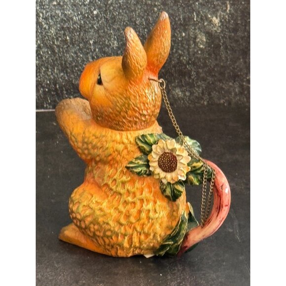 Mini Ceramic Rabbit Teapot With Sunflower Accent & Chain Lid 5" Tall Easter Spri - Picture 6 of 8